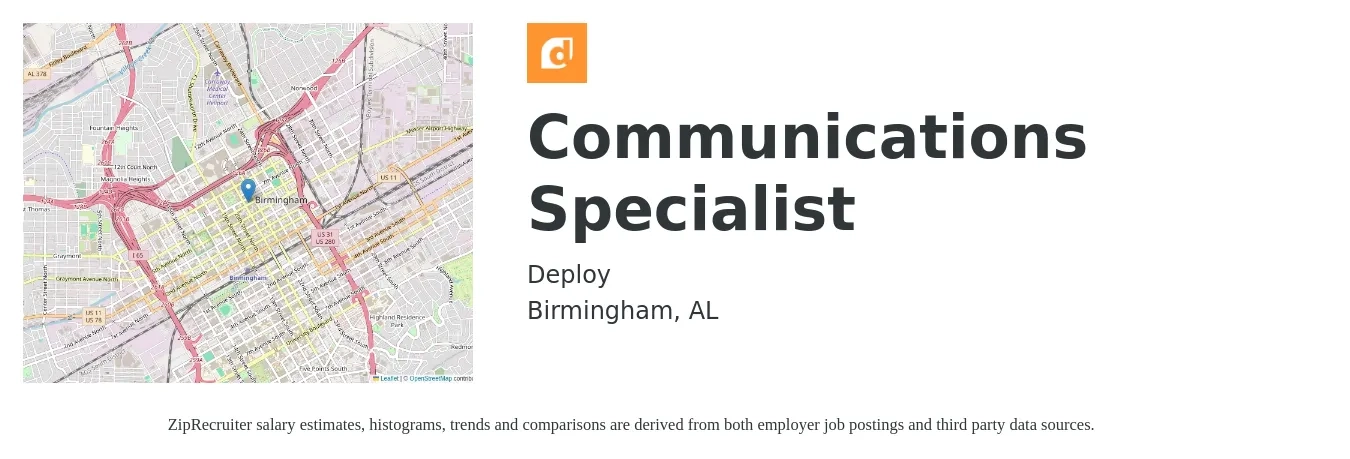 Deploy job posting for a Communications Specialist in Birmingham, AL with a salary of $50,100 to $66,500 Yearly with a map of Birmingham location.