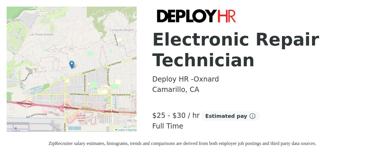 Deploy HR -Oxnard job posting for a Electronic Repair Technician in Camarillo, CA with a salary of $27 to $32 Hourly with a map of Camarillo location.