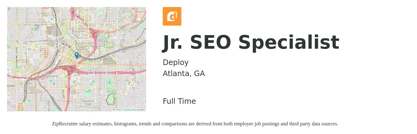 Deploy job posting for a Jr. SEO Specialist in Atlanta, GA with a salary of $51,000 to $72,100 Yearly with a map of Atlanta location.