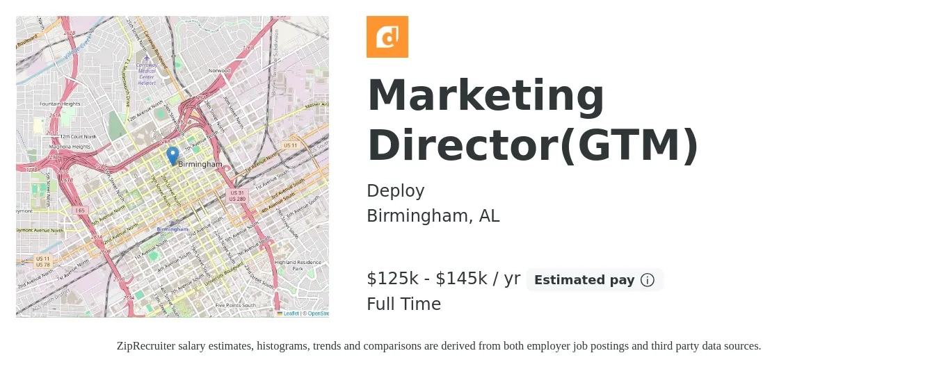 Deploy job posting for a Marketing Director(GTM) in Birmingham, AL with a salary of $67,000 to $123,200 Yearly with a map of Birmingham location.