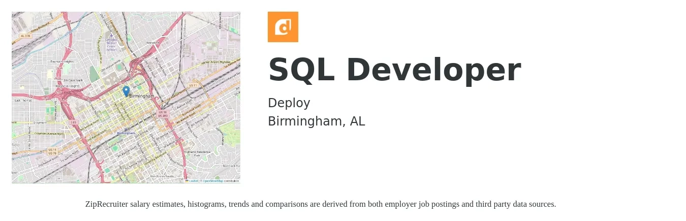 Deploy job posting for a SQL Developer in Birmingham, AL with a salary of $42 to $58 Hourly with a map of Birmingham location.