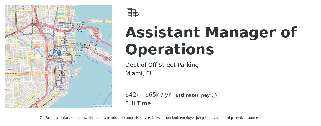 Dept.of Off Street Parking job posting for a Assistant Manager of Operations in Miami, FL with a salary of $42,000 to $65,000 Yearly with a map of Miami location.