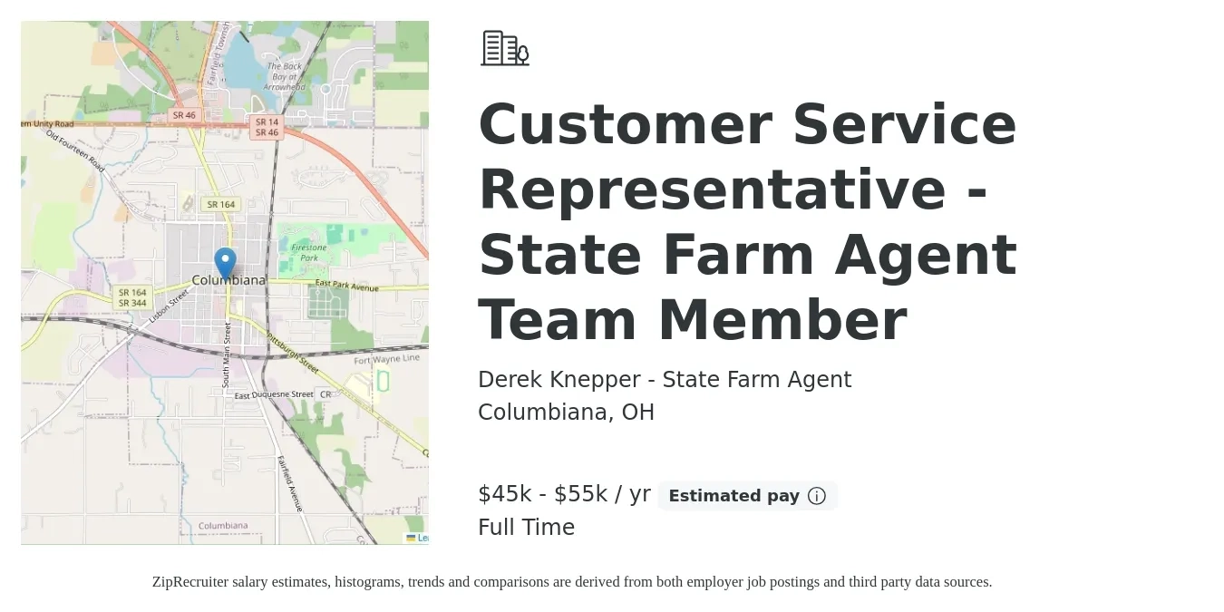 Derek Knepper - State Farm Agent job posting for a Customer Service Representative - State Farm Agent Team Member in Columbiana, OH with a salary of $45,000 to $55,000 Yearly with a map of Columbiana location.