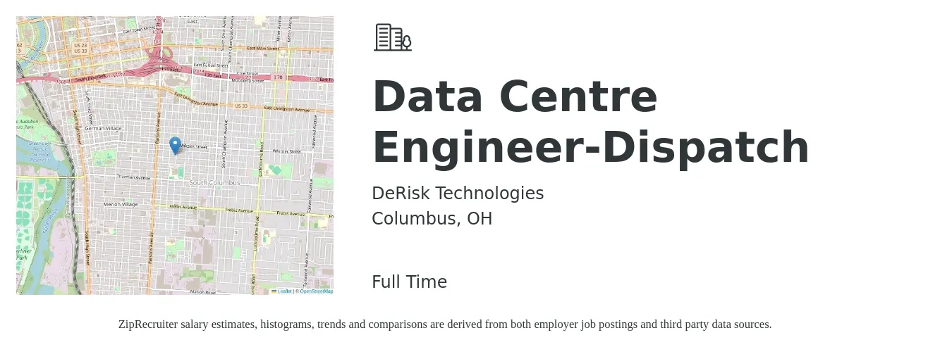 DeRisk Technologies job posting for a Data Centre Engineer-Dispatch in Columbus, OH with a salary of $81,100 to $189,300 Yearly with a map of Columbus location.