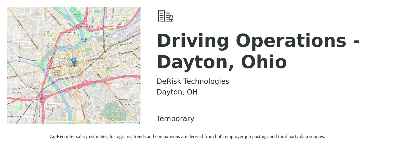 DeRisk Technologies job posting for a Driving Operations - Dayton, Ohio in Dayton, OH with a salary of $16 to $28 Hourly with a map of Dayton location.