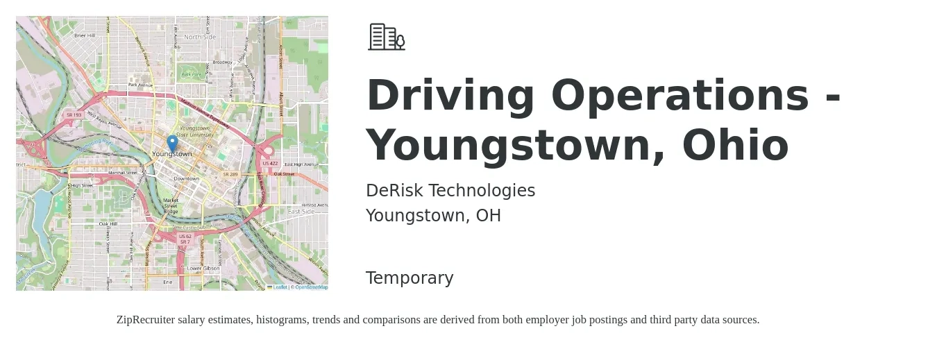 DeRisk Technologies job posting for a Driving Operations - Youngstown, Ohio in Youngstown, OH with a salary of $15 to $27 Hourly with a map of Youngstown location.