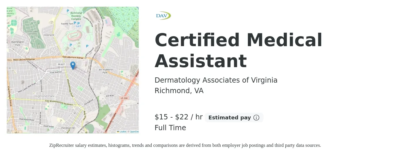 Dermatology Associates of Virginia job posting for a Certified Medical Assistant in Richmond, VA with a salary of $16 to $23 Hourly with a map of Richmond location.