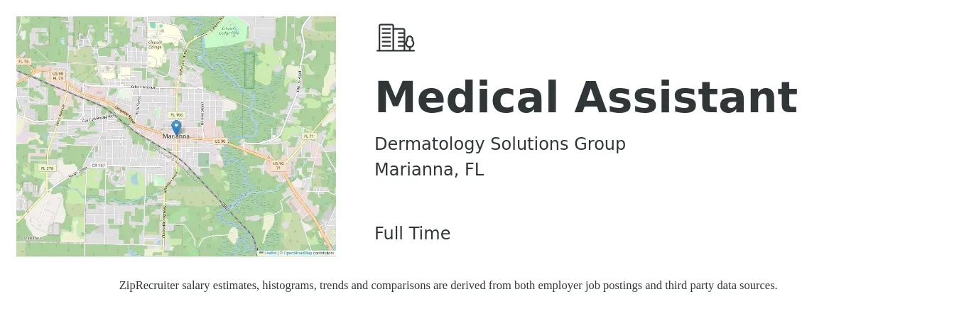 Dermatology Solutions Group job posting for a Medical Assistant in Marianna, FL with a salary of $16 to $20 Hourly with a map of Marianna location.