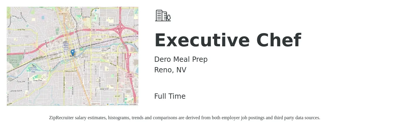 Dero Meal Prep job posting for a Executive Chef in Reno, NV with a salary of $71,300 to $98,200 Yearly with a map of Reno location.
