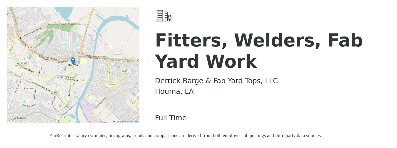 Derrick Barge & Fab Yard Tops, LLC job posting for a Fitters, Welders, Fab Yard Work in Houma, LA with a salary of $20 to $26 Hourly with a map of Houma location.