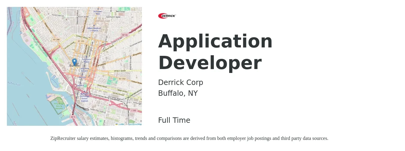 Derrick Corp job posting for a Application Developer in Buffalo, NY with a salary of $42 to $61 Hourly with a map of Buffalo location.
