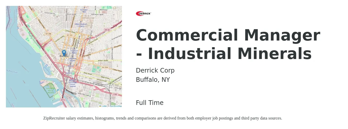 Derrick Corp job posting for a Commercial Manager - Industrial Minerals in Buffalo, NY with a salary of $34,900 to $82,300 Yearly with a map of Buffalo location.