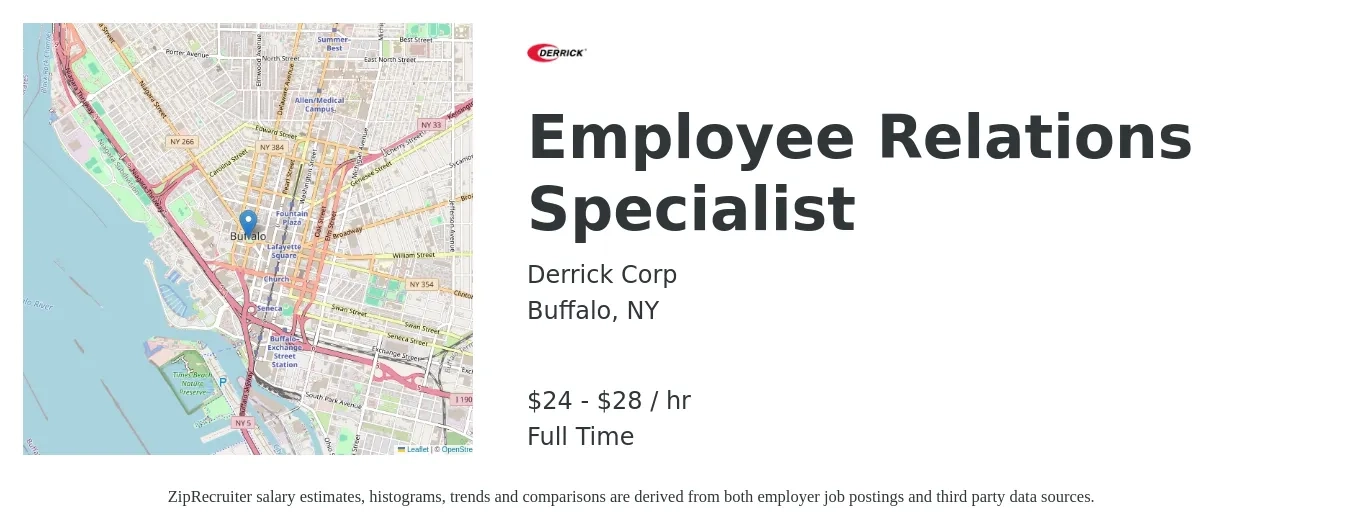 Derrick Corp job posting for a Employee Relations Specialist in Buffalo, NY with a salary of $25 to $30 Hourly with a map of Buffalo location.