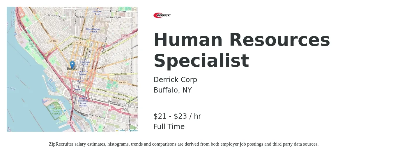 Derrick Corp job posting for a Human Resources Specialist in Buffalo, NY with a salary of $22 to $24 Hourly with a map of Buffalo location.