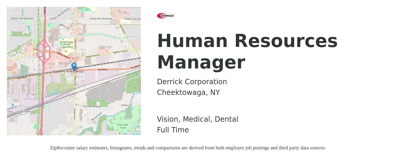 Derrick Corporation job posting for a Human Resources Manager in Cheektowaga, NY with a salary of $69,100 to $100,100 Yearly and benefits including dental, life_insurance, medical, pto, and vision with a map of Cheektowaga location.