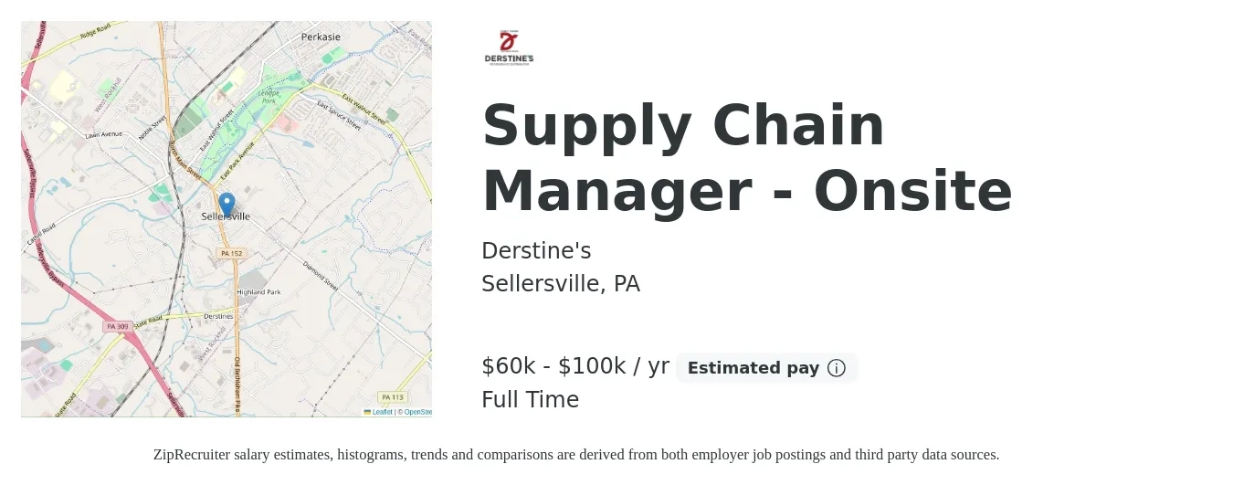 Derstine's job posting for a Supply Chain Manager - Onsite in Sellersville, PA with a salary of $60,000 to $100,000 Yearly with a map of Sellersville location.