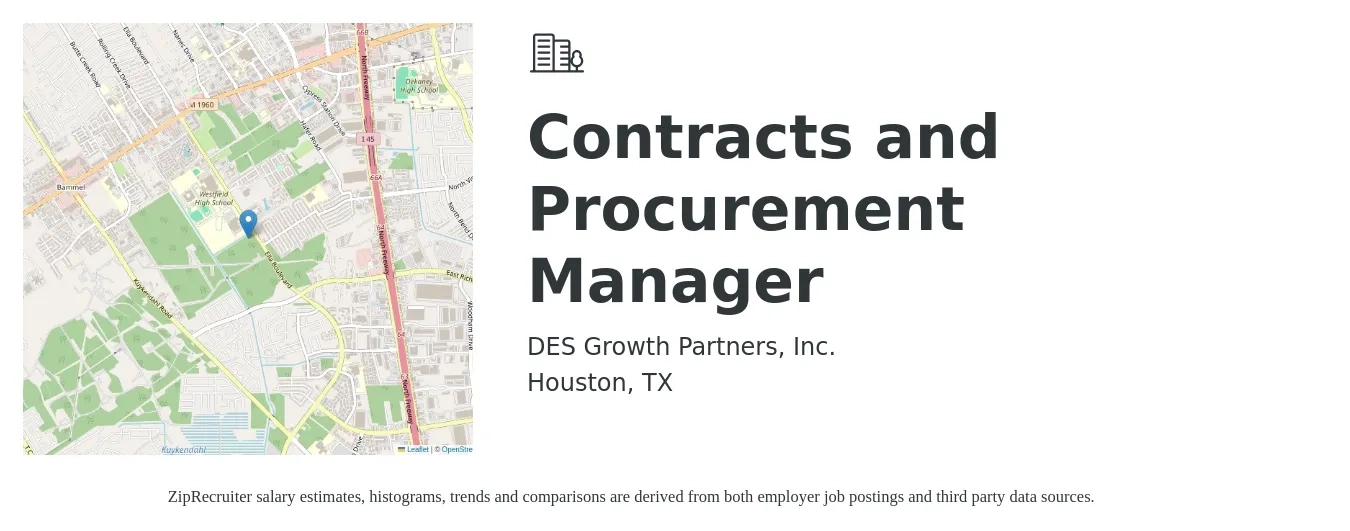 DES Growth Partners, Inc. job posting for a Contracts and Procurement Manager in Houston, TX with a salary of $70,700 to $108,900 Yearly with a map of Houston location.