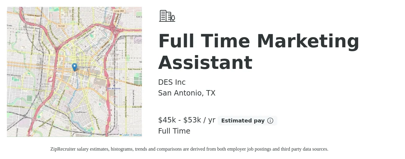 DES Inc job posting for a Full Time Marketing Assistant in San Antonio, TX with a salary of $45,000 to $53,000 Yearly with a map of San Antonio location.