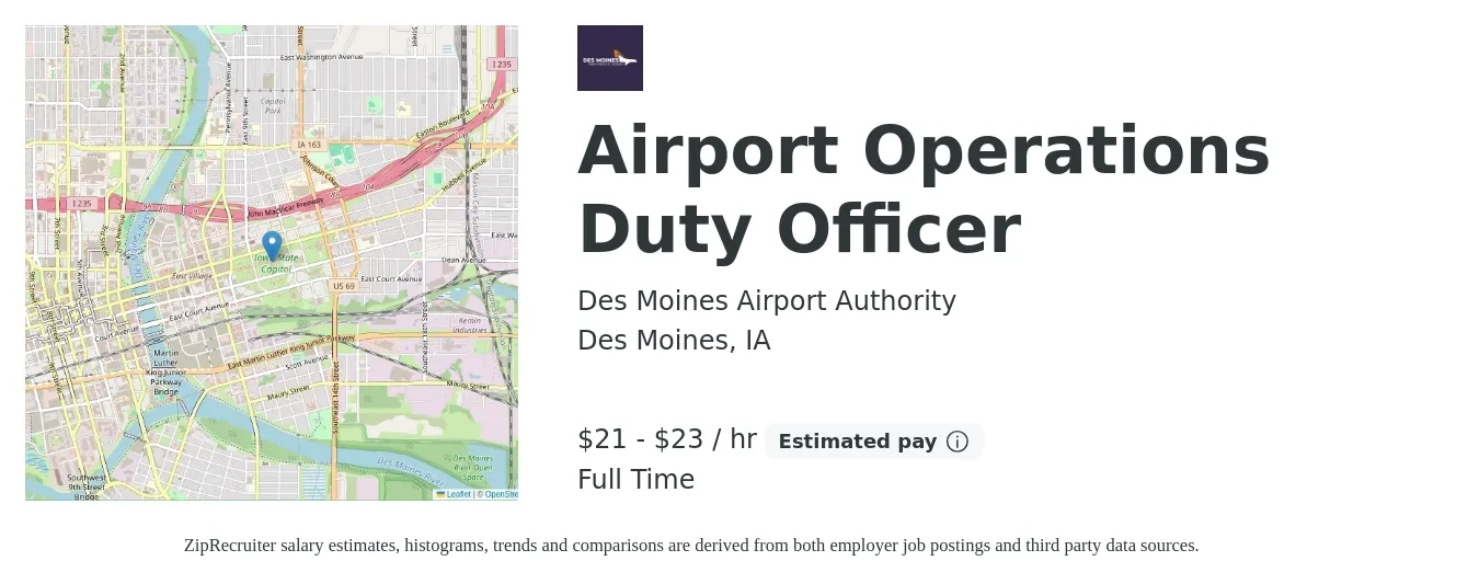 Des Moines Airport Authority job posting for a Airport Operations Duty Officer in Des Moines, IA with a salary of $46,668 to $50,400 Yearly with a map of Des Moines location.