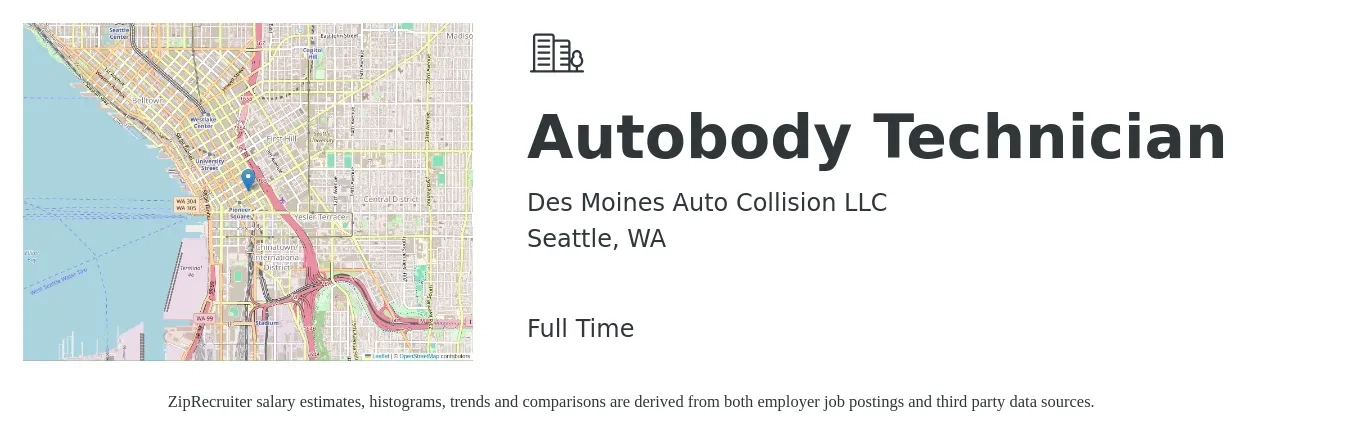 Des Moines Auto Collision LLC job posting for a Autobody Technician in Seattle, WA with a salary of $5,600 to $8,000 Monthly and benefits including pto with a map of Seattle location.