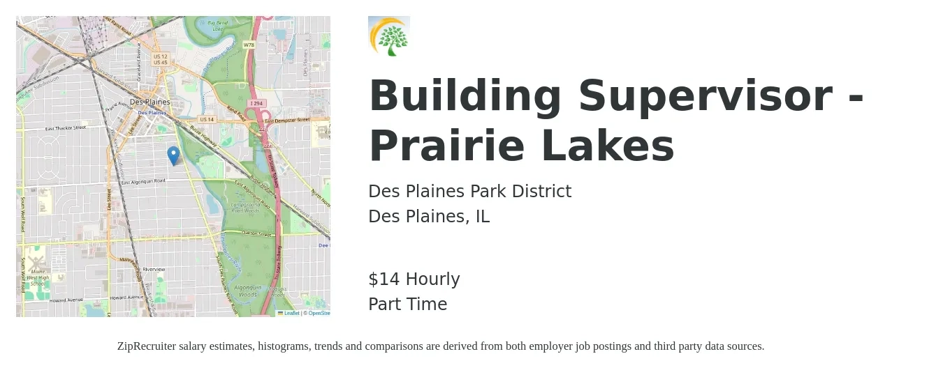 Des Plaines Park District job posting for a Building Supervisor - Prairie Lakes in Des Plaines, IL with a salary of $15 Hourly with a map of Des Plaines location.