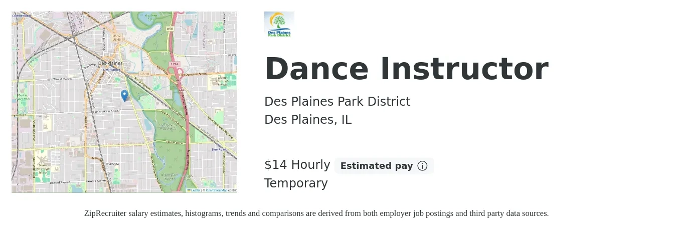 Des Plaines Park District job posting for a Dance Instructor in Des Plaines, IL with a salary of $18 to $30 Hourly with a map of Des Plaines location.