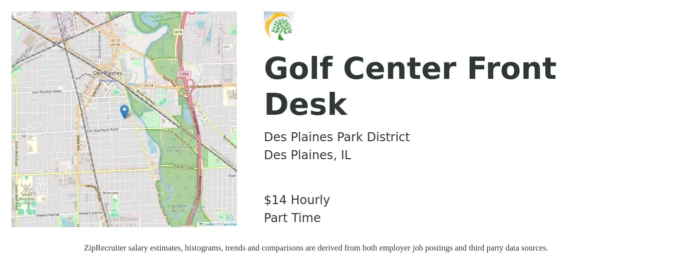 Des Plaines Park District job posting for a Golf Center Front Desk in Des Plaines, IL with a salary of $15 Hourly with a map of Des Plaines location.