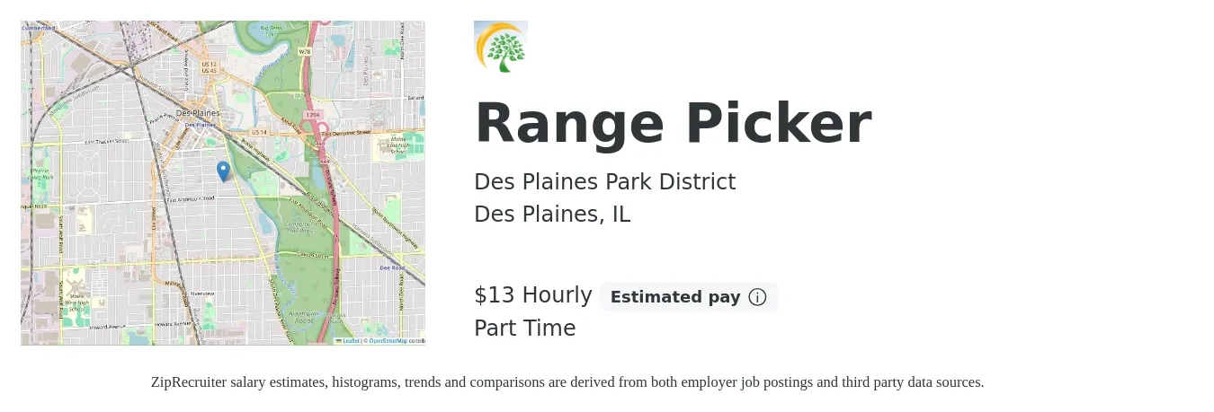 Des Plaines Park District job posting for a Range Picker in Des Plaines, IL with a salary of $14 to $17 Hourly with a map of Des Plaines location.
