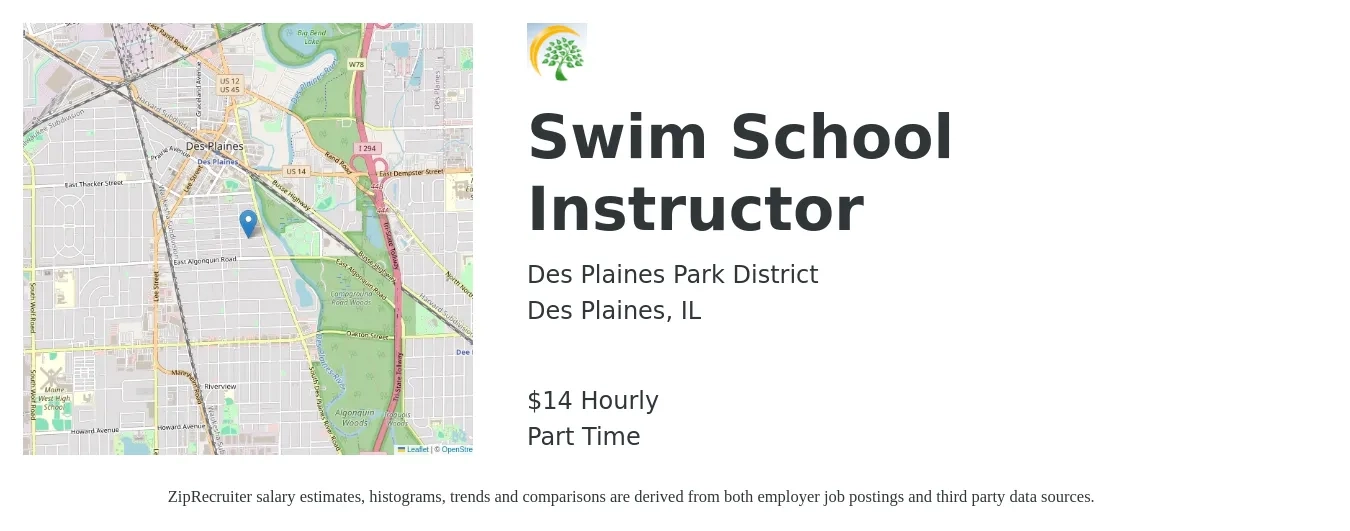 Des Plaines Park District job posting for a Swim School Instructor in Des Plaines, IL with a salary of $15 Hourly with a map of Des Plaines location.