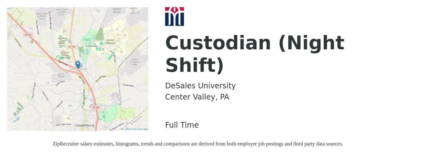 DeSales University job posting for a Custodian (Night Shift) in Center Valley, PA with a salary of $14 to $19 Hourly with a map of Center Valley location.