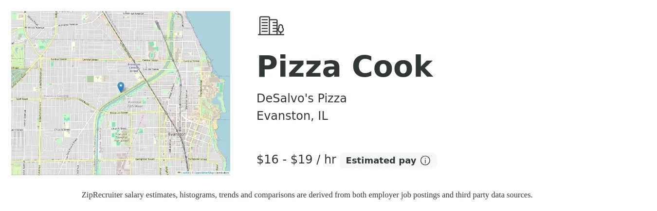 DeSalvo's Pizza job posting for a Pizza Cook in Evanston, IL with a salary of $17 to $20 Hourly with a map of Evanston location.