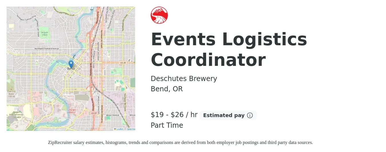 Deschutes Brewery job posting for a Events Logistics Coordinator in Bend, OR with a salary of $20 to $28 Hourly with a map of Bend location.