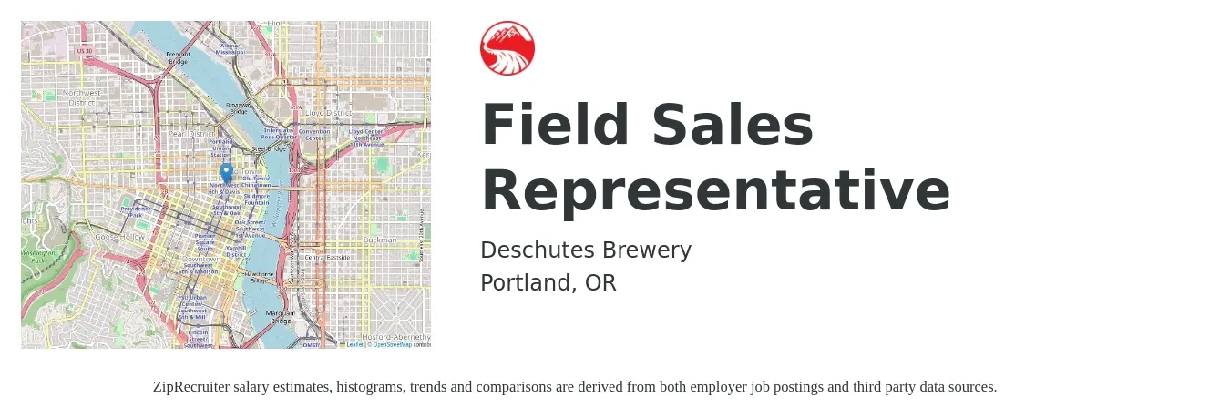 Deschutes Brewery job posting for a Field Sales Representative in Portland, OR with a salary of $50,000 to $65,000 Yearly with a map of Portland location.