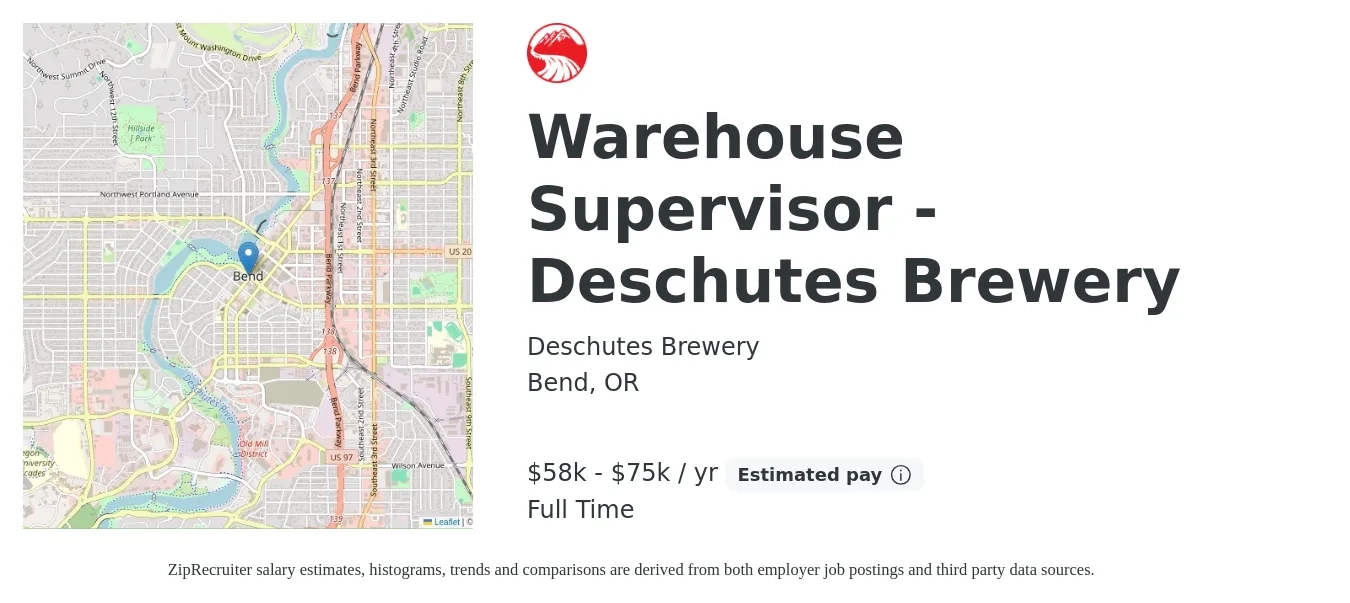 Deschutes Brewery job posting for a Warehouse Supervisor - Deschutes Brewery in Bend, OR with a salary of $58,000 to $75,000 Yearly with a map of Bend location.