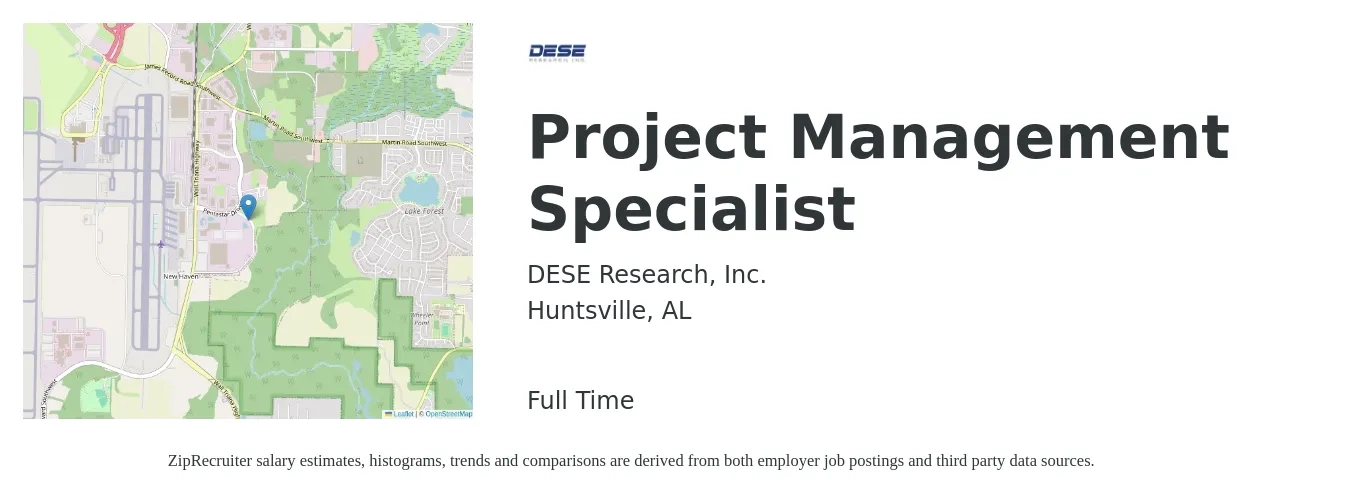 DESE Research, Inc. job posting for a Project Management Specialist in Huntsville, AL with a salary of $65,000 to $104,400 Yearly with a map of Huntsville location.