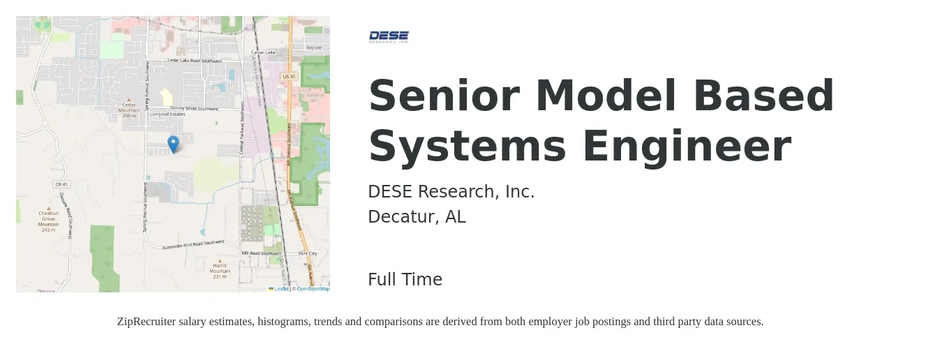 DESE Research, Inc. job posting for a Senior Model Based Systems Engineer in Decatur, AL with a salary of $85,900 to $117,500 Yearly with a map of Decatur location.