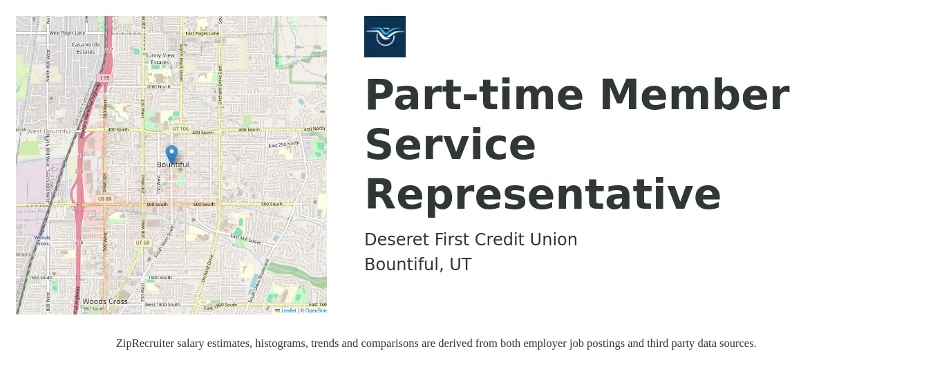 Deseret First Credit Union job posting for a Part-time Member Service Representative in Bountiful, UT with a salary of $17 Hourly with a map of Bountiful location.