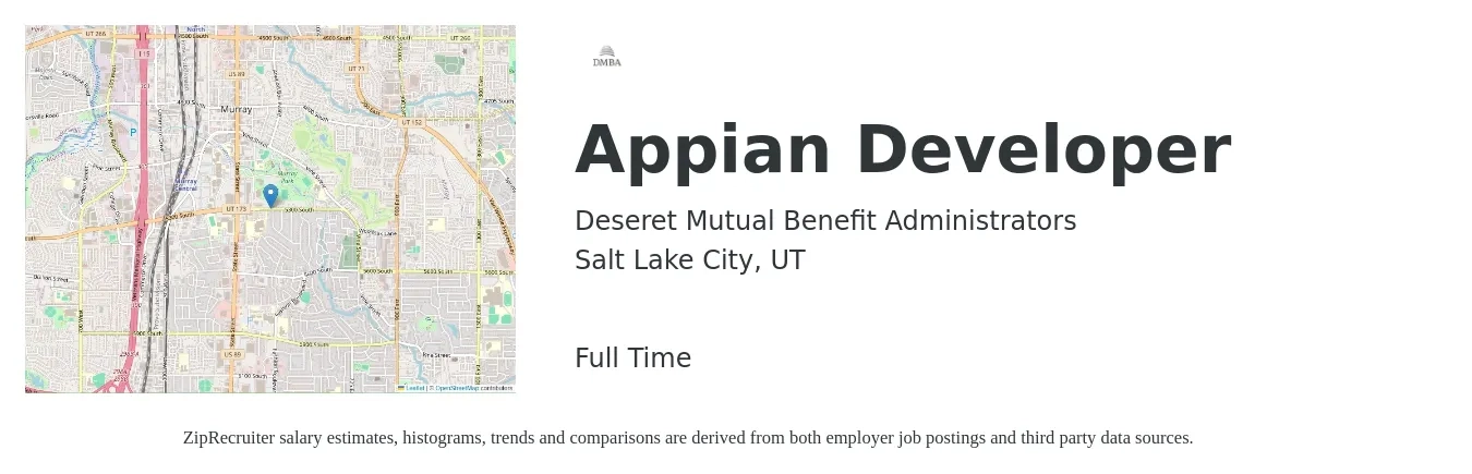 Deseret Mutual Benefit Administrators job posting for a Appian Developer in Salt Lake City, UT with a salary of $55 to $67 Hourly with a map of Salt Lake City location.