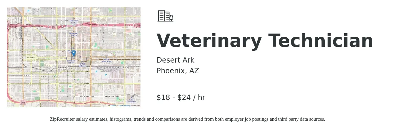 Desert Ark job posting for a Veterinary Technician in Phoenix, AZ with a salary of $19 to $25 Hourly with a map of Phoenix location.