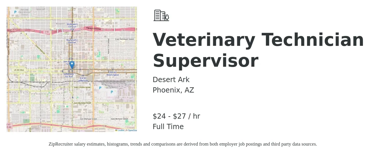 Desert Ark job posting for a Veterinary Technician Supervisor in Phoenix, AZ with a salary of $25 to $29 Hourly with a map of Phoenix location.