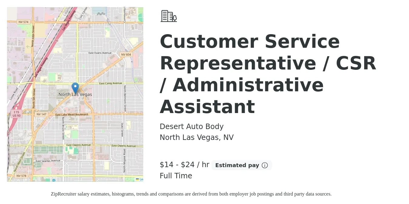Desert Auto Body job posting for a Customer Service Representative / CSR / Administrative Assistant in North Las Vegas, NV with a salary of $15 to $25 Hourly with a map of North Las Vegas location.