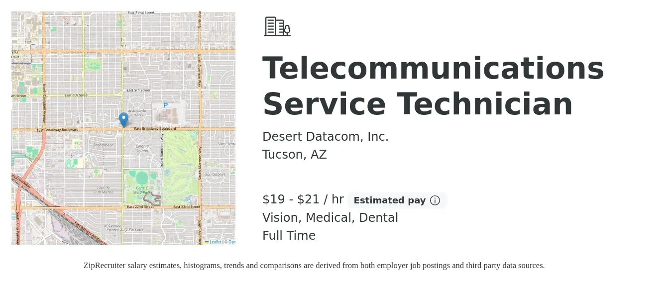 Desert Datacom, Inc. job posting for a Telecommunications Service Technician in Tucson, AZ with a salary of $20 to $22 Hourly and benefits including dental, life_insurance, medical, pto, and vision with a map of Tucson location.