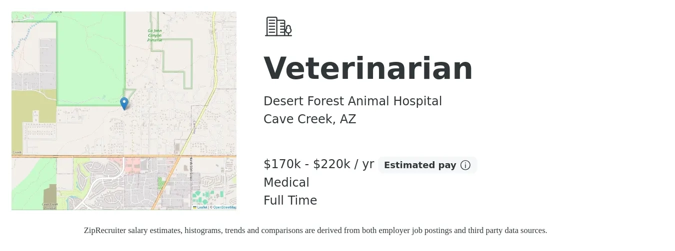 Desert Forest Animal Hospital job posting for a Veterinarian in Cave Creek, AZ with a salary of $170,000 to $220,000 Yearly and benefits including pto, retirement, and medical with a map of Cave Creek location.