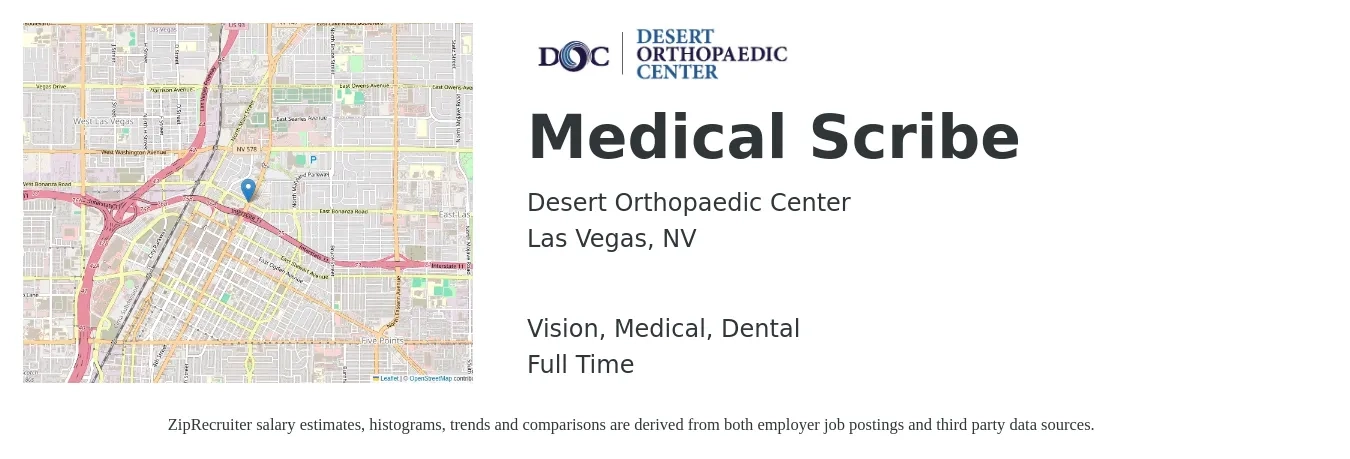 Desert Orthopaedic Center job posting for a Medical Scribe in Las Vegas, NV with a salary of $15 to $20 Hourly and benefits including retirement, vision, dental, life_insurance, and medical with a map of Las Vegas location.