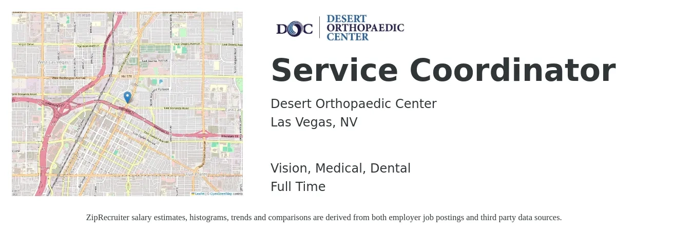 Desert Orthopaedic Center job posting for a Service Coordinator in Las Vegas, NV with a salary of $19 to $24 Hourly and benefits including retirement, vision, dental, life_insurance, medical, and pto with a map of Las Vegas location.