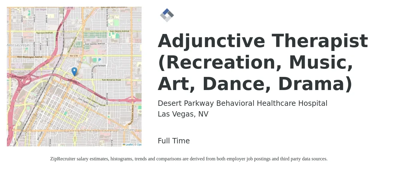Desert Parkway Behavioral Healthcare Hospital job posting for a Adjunctive Therapist (Recreation, Music, Art, Dance, Drama) in Las Vegas, NV with a salary of $49,200 to $70,700 Yearly with a map of Las Vegas location.