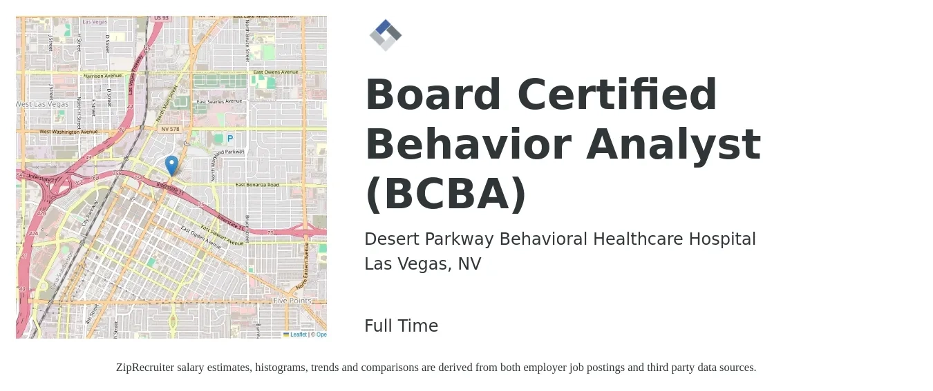 Desert Parkway Behavioral Healthcare Hospital job posting for a Board Certified Behavior Analyst (BCBA) in Las Vegas, NV with a salary of $70,700 to $86,500 Yearly with a map of Las Vegas location.