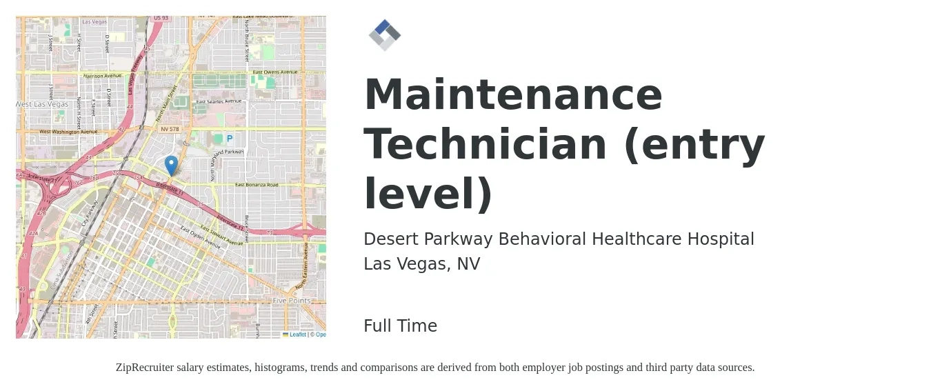 Desert Parkway Behavioral Healthcare Hospital job posting for a Maintenance Technician (entry level) in Las Vegas, NV with a salary of $18 to $26 Hourly with a map of Las Vegas location.