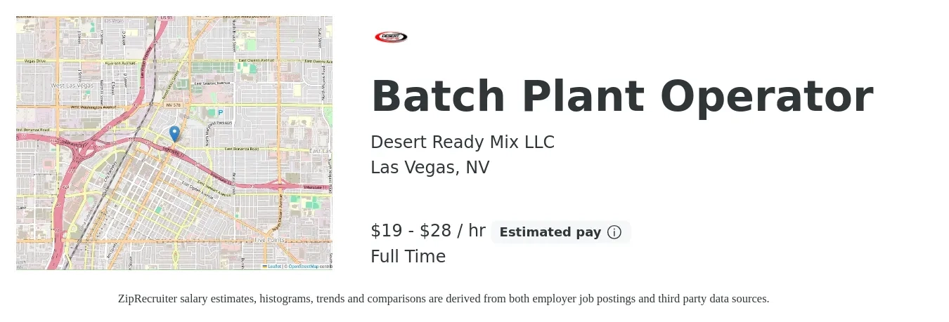 Desert Ready Mix LLC job posting for a Batch Plant Operator in Las Vegas, NV with a salary of $20 to $30 Hourly with a map of Las Vegas location.