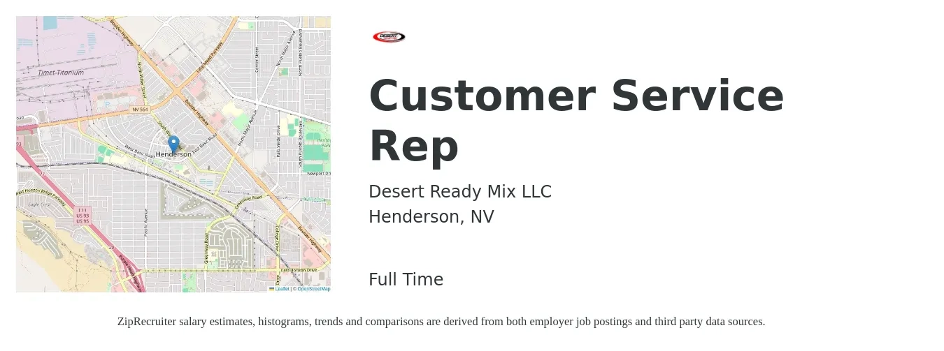 Desert Ready Mix LLC job posting for a Customer Service Rep in Henderson, NV with a salary of $18 to $22 Hourly with a map of Henderson location.